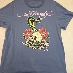 Ed Hardy Blue T-Shirt with Snake and Rose Graphic